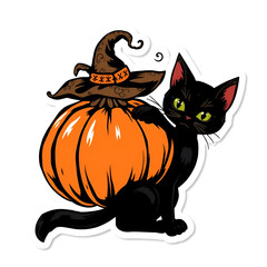 PNG Halloween sticker with pumpkin and black cat. Vintage victorian clip art
