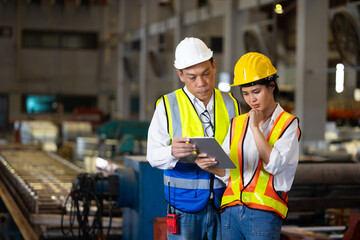 Professional Mechanical Engineer team Working on Personal Computer at metal sheet profiling industrial manufacturing factory. Product quality Inspection