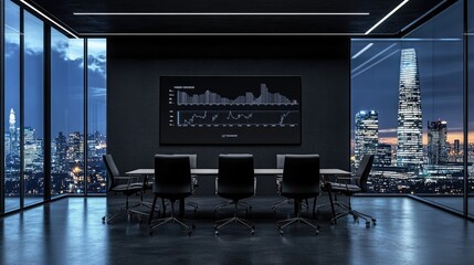 Office meeting room featuring a large screen with a financial performance overview