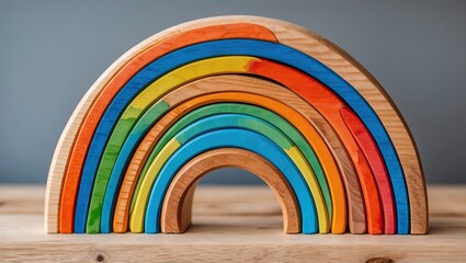 Colorful wooden rainbow toy with vibrant blue, green, yellow, orange, and red arcs arranged in an arch over a light wooden surface.