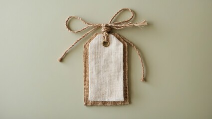 Textile tag featuring a jute and linen design atop a soft pastel green background with a tied twine bow positioned at the top center of the image.