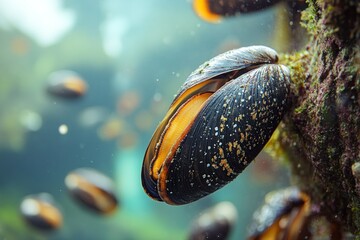 Colorful mussels cling to submerged rocks, showcasing their intricate textures and colors in a serene underwater habitat