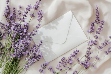 Mockup of a white envelope surrounded by fresh lavender flowers on a soft fabric background