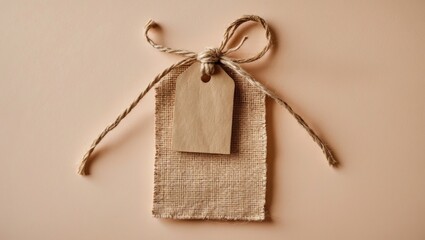 Blank jute and linen tag tied with twine displayed centrally on a soft pastel background in neutral beige tones for product labeling or branding.