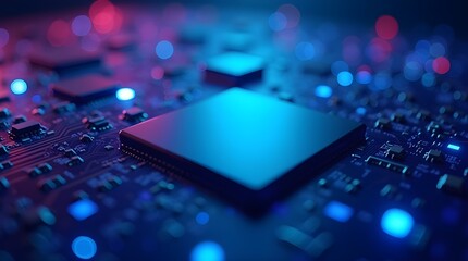 The Heart Of Innovation Pulses With Blue And Pink Light, A Powerful Microchip At The Center Of A Complex Technological Network, Glowing With Potential
