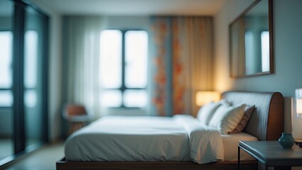 Fototapeta premium Soft focus bedroom interior featuring a wooden bed with white bedding, warm light from bedside lamp, and large windows with sheer curtains.