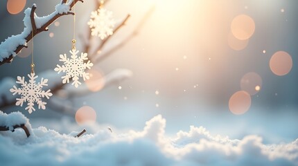 Winters Gentle Embrace, Delicate Snowflakes Adorn A Snow-covered Branch In Soft, Warm Sunlight, Creating A Serene Winter Wonderland Scene