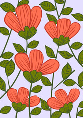 Obraz premium Floral pattern with bright color flowers and leaves hand drawn vector illustration. Nature, plants design for textile, fashion, wallpaper, art and background.