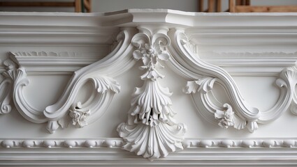 Naklejka premium Intricate white plaster moldings adorned with floral designs situated at the top of a wall in a well-lit art studio space.