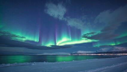 Naklejka premium Vibrant aurora borealis illuminating a dark sky over a tranquil sea with snowy foreground, featuring shades of green, purple, and blue.