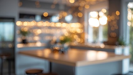 Cozy contemporary kitchen interior with blurred bokeh lights in warm golden hues, featuring wooden table and plants, creating an inviting atmosphere.