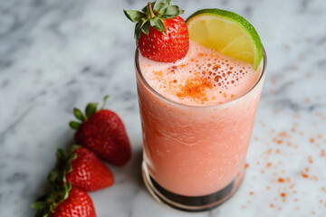 Refreshing strawberry lime smoothie garnished with chili powder and fresh fruit