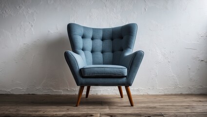 Modern blue armchair with button-tufted upholstery and wooden legs positioned against a textured white wall with wooden flooring beneath.