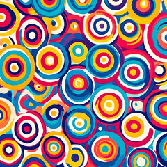 Naklejka premium Abstract pattern with concentric circles in bright and cheerful colors, designed in a maximalist style that emphasizes bold, vibrant hues and complex, creating an energetic and dynamic composition.