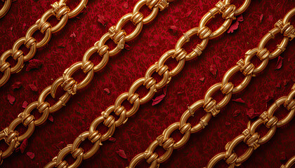 Obraz premium Golden Chains on Velvet: A Luxurious Abstract Digital Artwork Featuring Diagonal Gold Chains on a Rich Red Velvet Background, Elegant Texture, and a Regal High-End Aesthetic