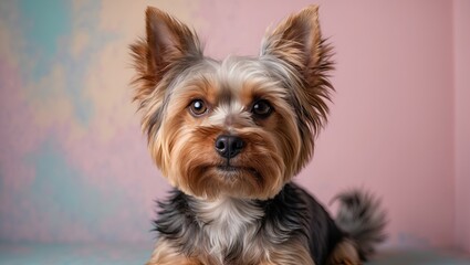 Yorkshire Terrier portrait on a soft pastel pink and blue backdrop, showcasing fluffy fur and expressive gaze, creating an adorable and charming scene