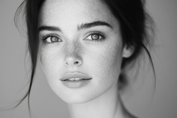 Fototapeta premium Portrait of freckled model showing natural beauty in monochrome