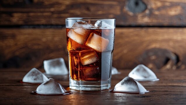 Chilled cola soft drink in a clear glass with ice cubes on a wooden background with ample copyspace for text or design elements.