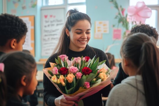 Students express their gratitude to their teacher by presenting her with a beautiful bouquet of flowers in a classroom setting on Women's Day, highlighting appreciation and kindness