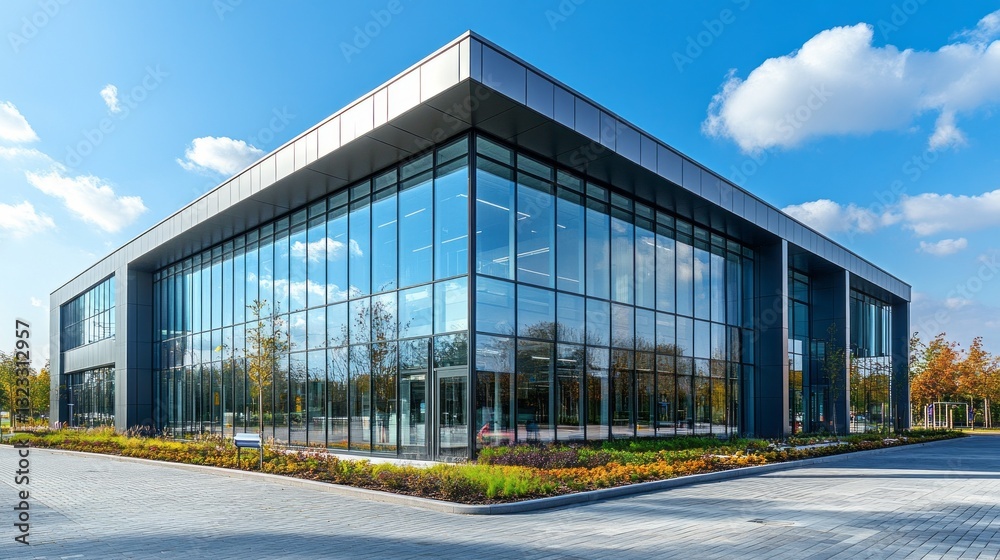 Poster a striking glass structure stands tall amidst lush greenery, basking in the sunlight. the sleek desi