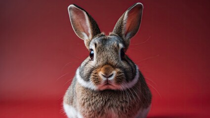 Obraz premium Bicolor bunny with prominent ears against a vibrant red background, showcasing selective focus on its facial features and fur texture.