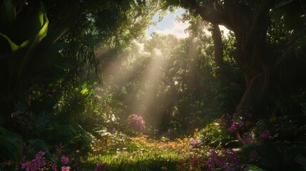Fototapeta premium Sunbeams through Lush Tropical Forest