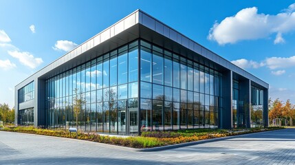 A striking glass structure stands tall amidst lush greenery, basking in the sunlight. The sleek design features large windows that mirror the vibrant surroundings, creating harmony