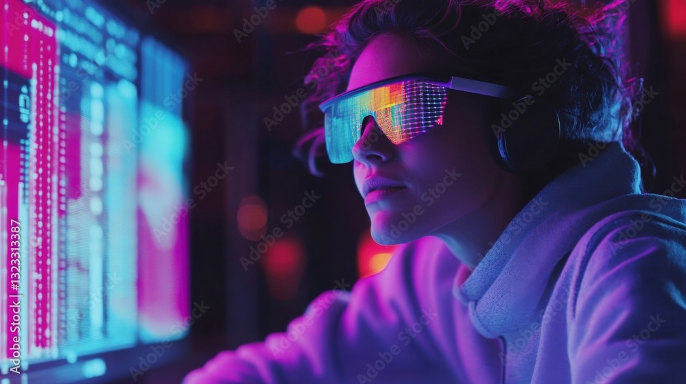 Poster young professional programmer working on software development project using futuristic glasses and h