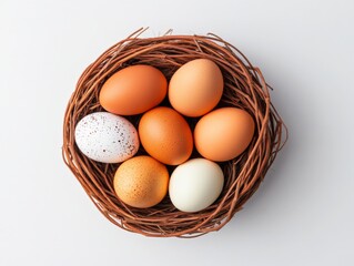 Nest with brown and speckled white eggs placed on a white background symbolizing nature protection and the concept of life carefully arranged with artistic simplicity and balance