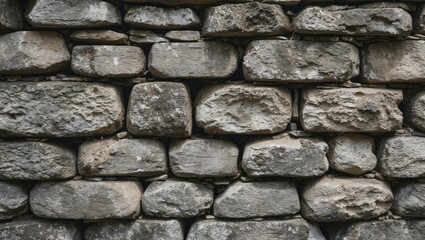 Obraz premium Weathered drystone wall texture with uneven gray stones arranged in a horizontal pattern suitable for background or design use.