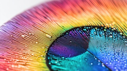 Obraz premium Close-up of a colorful iridescent surface peacock feather with water droplets creating a vibrant abstract pattern