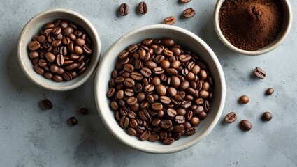 Naklejka premium Bird's-eye view of dark roasted coffee beans in large and small beige bowls with coarse ground coffee on light gray concrete surface