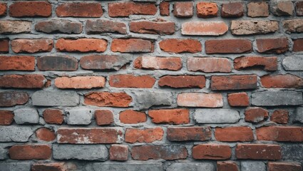 Obraz premium Textured red and gray brick wall with uneven arrangement and mortar joints, creating a rustic background perfect for creative designs.