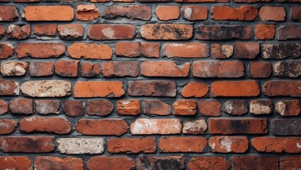 Obraz premium Textured brick wall with varying red and brown tones, featuring rough surfaces and irregular patterns for a rustic backdrop.