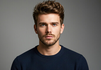 A young man with wavy brown hair, blue eyes, and light stubble wears a navy sweater against a neutral background. His intense gaze and sharp features create a modern, stylish, and confident look.