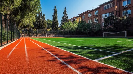 Obraz premium Empty sports field with red running track and green turf surrounded by residential buildings and trees