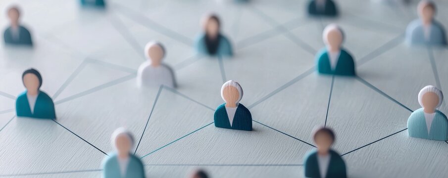 Team collaboration tools in remote work concept. A network of miniature people representing social connections and relationships.