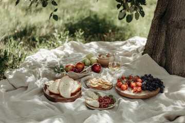Naklejka premium Delicious picnic setup under tree with wine, cheese, and fruits