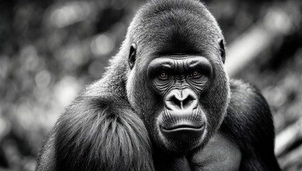 Black and white close-up portrait of a gorilla with detailed fur textures and intense gaze creating a striking copyspace for design elements.
