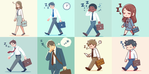 collection of employee goes to work in a sleepy