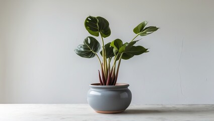 Fototapeta premium Anthurium Magnificum plant with lush green leaves in a round grey ceramic pot centered against a clean white background for a minimalist look.