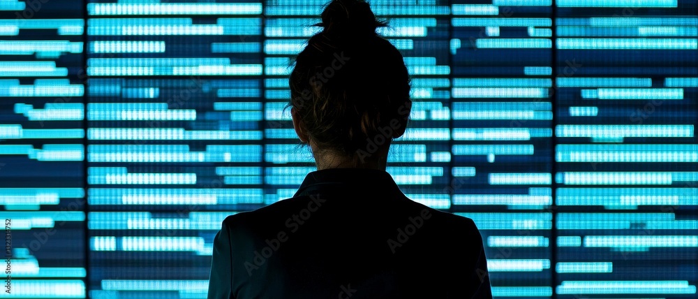 Poster optimization data science in business concept. a person observing digital data on a screen, with a f