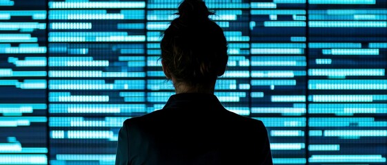 Optimization data science in business concept. A person observing digital data on a screen, with a focus on technology and innovation.
