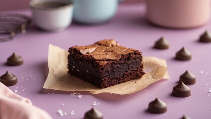 Brownie dessert on parchment paper surrounded by chocolate chips on a pastel purple background with soft lighting highlighting the texture
