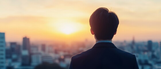 Fototapeta premium Motivation for entrepreneurship growth mindset concept. A silhouette of a man in a suit watching a sunset over a city skyline.