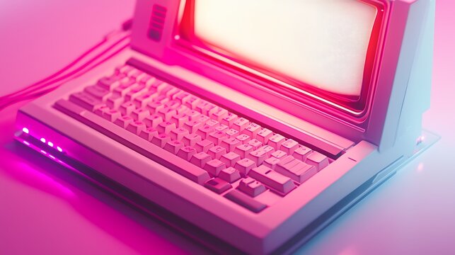 Retro Pink Computer  80s Technology  Vintage Keyboard  Neon Lights