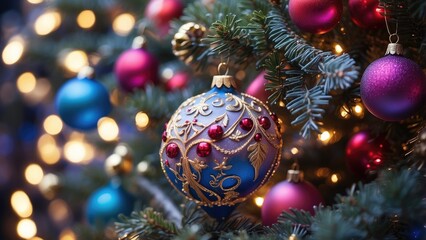 A close-up view of a decorated Christmas tree featuring shiny gold and red ornaments,