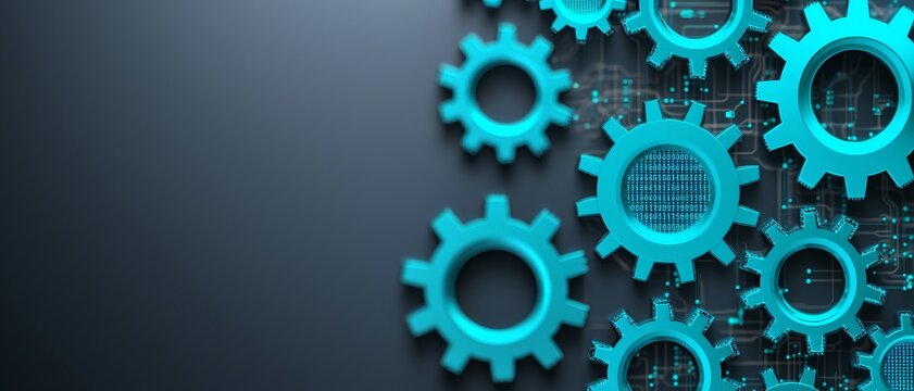 Leadership and entrepreneurship growth mindset concept. Abstract digital background featuring turquoise gears and a circuit pattern.