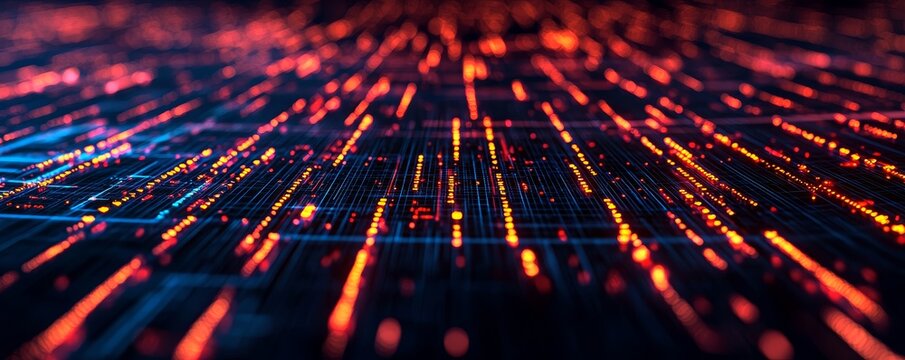 Operations of data science in business concept. Abstract digital background with flowing red and blue light patterns.