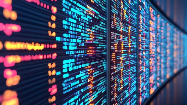 Digital literacy and technology analysis concept. Abstract digital data stream with vivid colors and patterns.